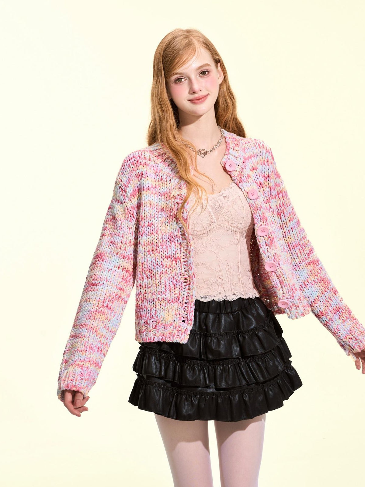 Girly Fancy Club Macaron Speckled Colorful Yarn Chunky Knit Button Down Women's Acrylic Cardigans
