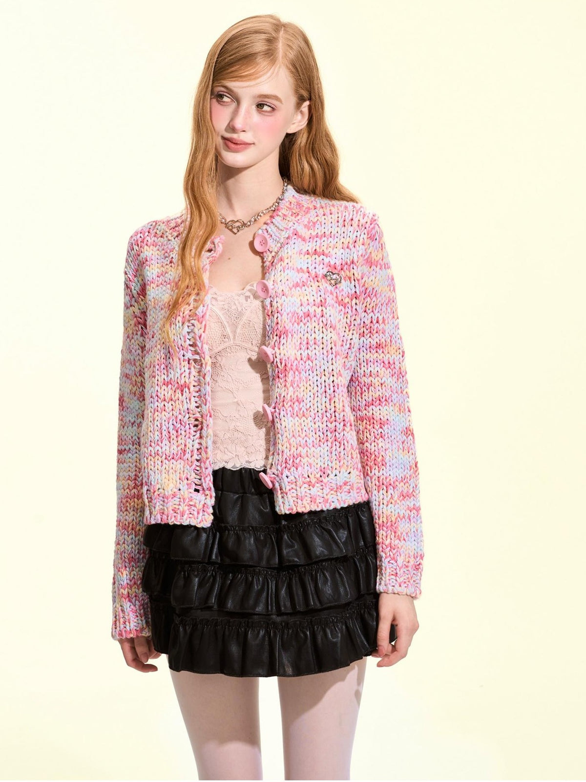 Girly Fancy Club Macaron Speckled Colorful Yarn Chunky Knit Button Down Women's Acrylic Cardigans