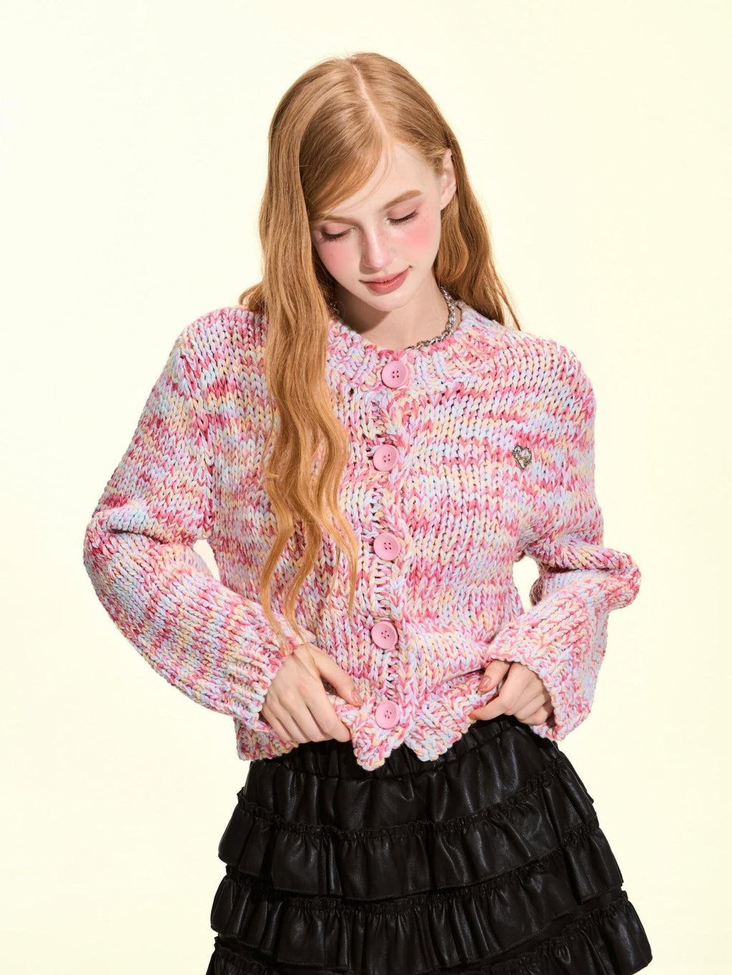 Girly Fancy Club Macaron Speckled Colorful Yarn Chunky Knit Button Down Women's Acrylic Cardigans