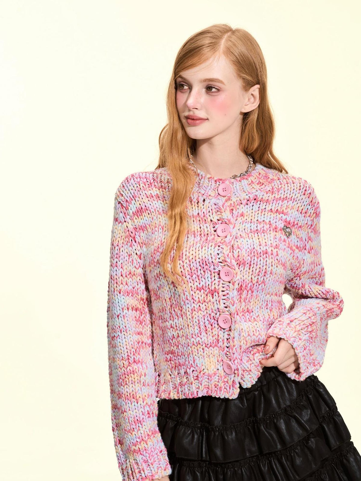 Girly Fancy Club Macaron Speckled Colorful Yarn Chunky Knit Button Down Women's Acrylic Cardigans