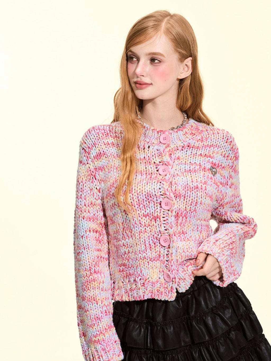 Girly Fancy Club Macaron Speckled Colorful Yarn Chunky Knit Button Down Women's Acrylic Cardigans