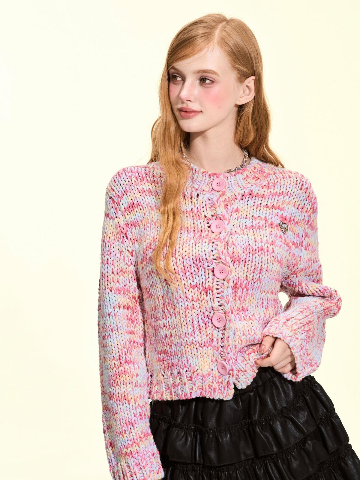 Girly Fancy Club Macaron Speckled Colorful Yarn Chunky Knit Button Down Women's Acrylic Cardigans