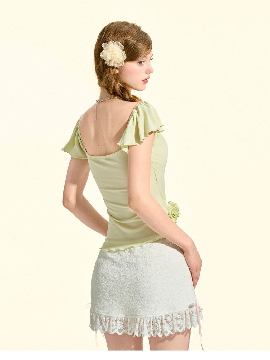 Girly Fancy Club Melon Green Flutter Sleeve Pleated Scoop Neck Women's Short Sleeve T-shirts