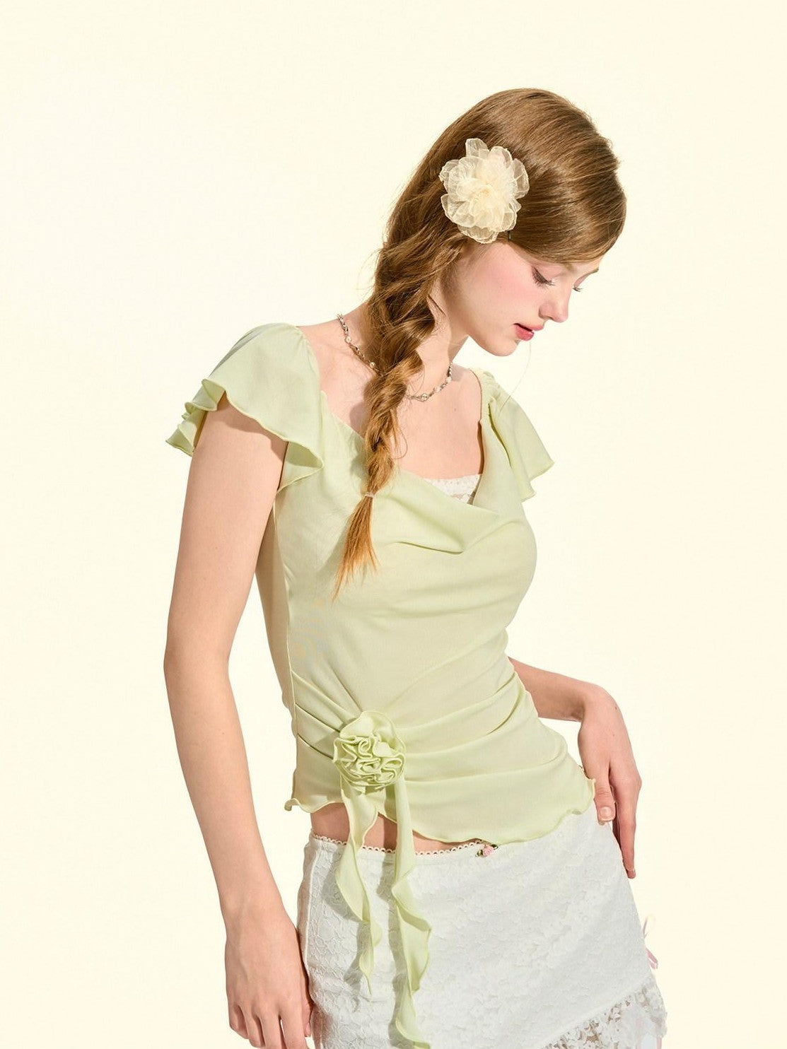 Girly Fancy Club Melon Green Flutter Sleeve Pleated Scoop Neck Women's Short Sleeve T-shirts