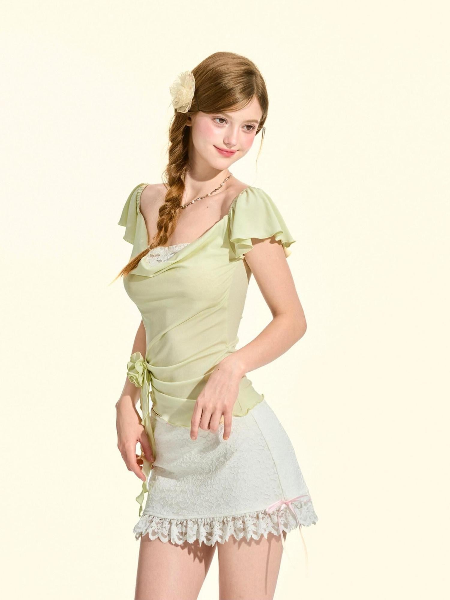 Girly Fancy Club Melon Green Flutter Sleeve Pleated Scoop Neck Women's Short Sleeve T-shirts