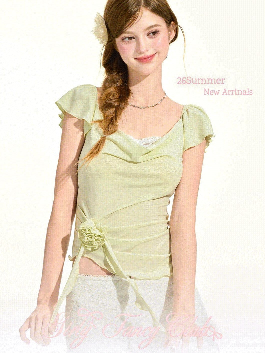 Girly Fancy Club Melon Green Flutter Sleeve Pleated Scoop Neck Women's Short Sleeve T-shirts