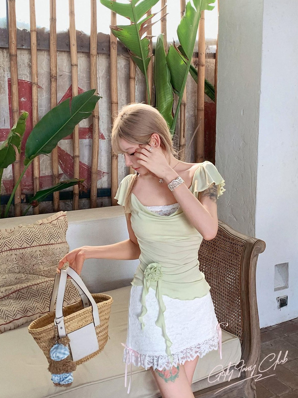 Girly Fancy Club Melon Green Flutter Sleeve Pleated Scoop Neck Women's Short Sleeve T-shirts
