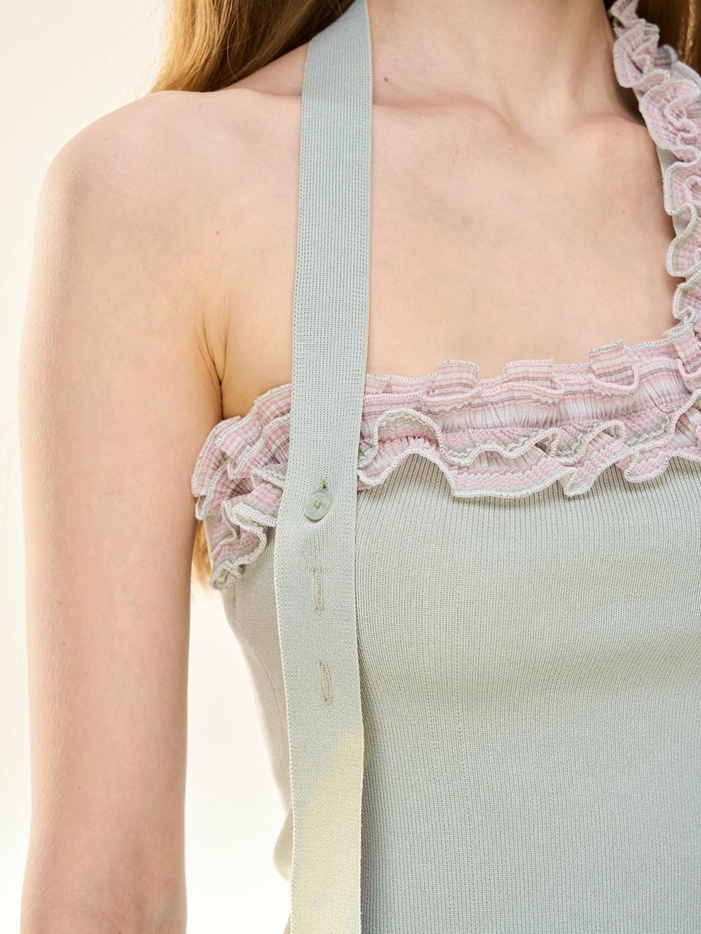 Girly Fancy Club Melon Green Wood Ear Ruffle Ribbon Tie Women's Knit Halter Tops