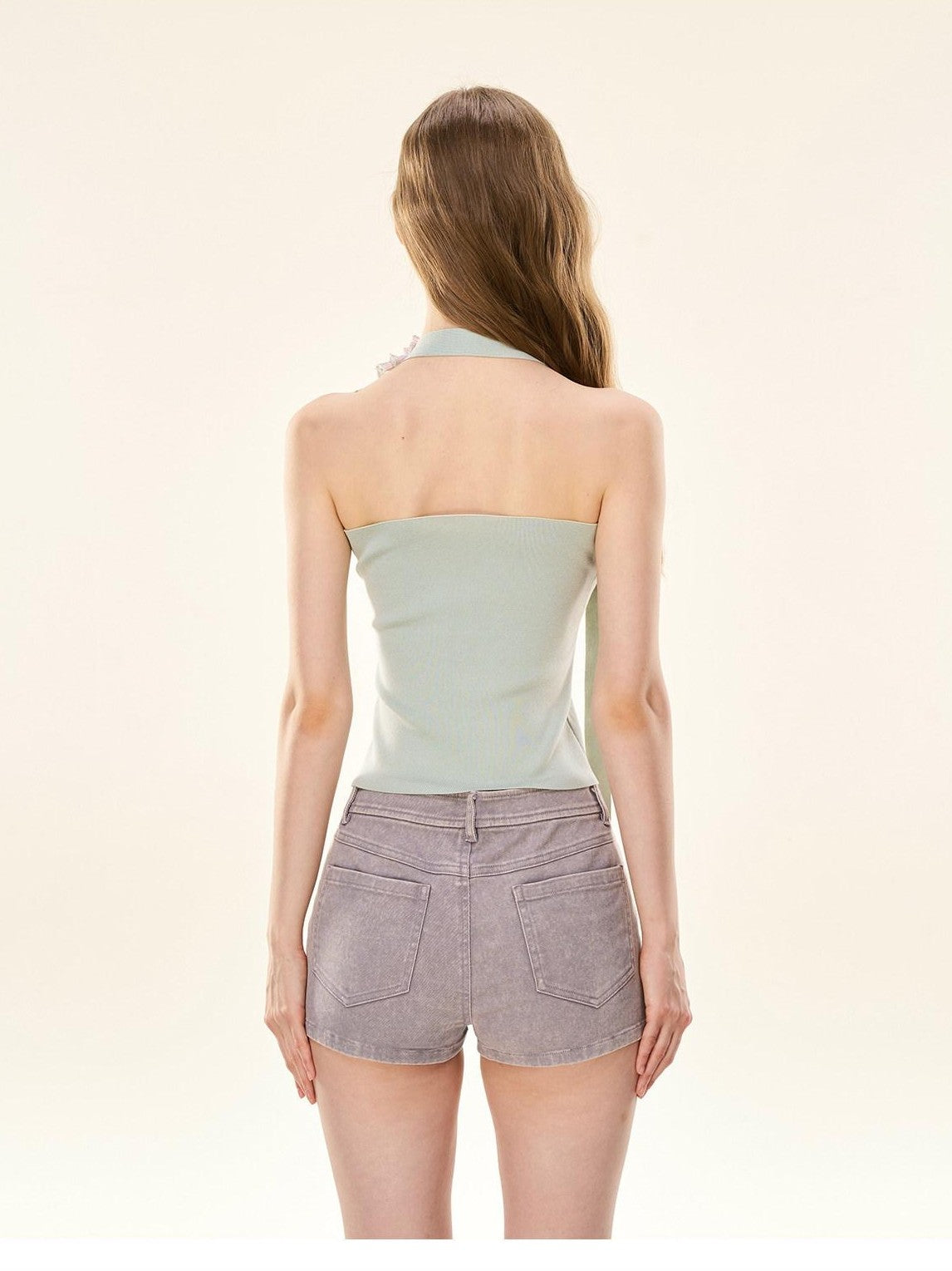 Girly Fancy Club Melon Green Wood Ear Ruffle Ribbon Tie Women's Knit Halter Tops