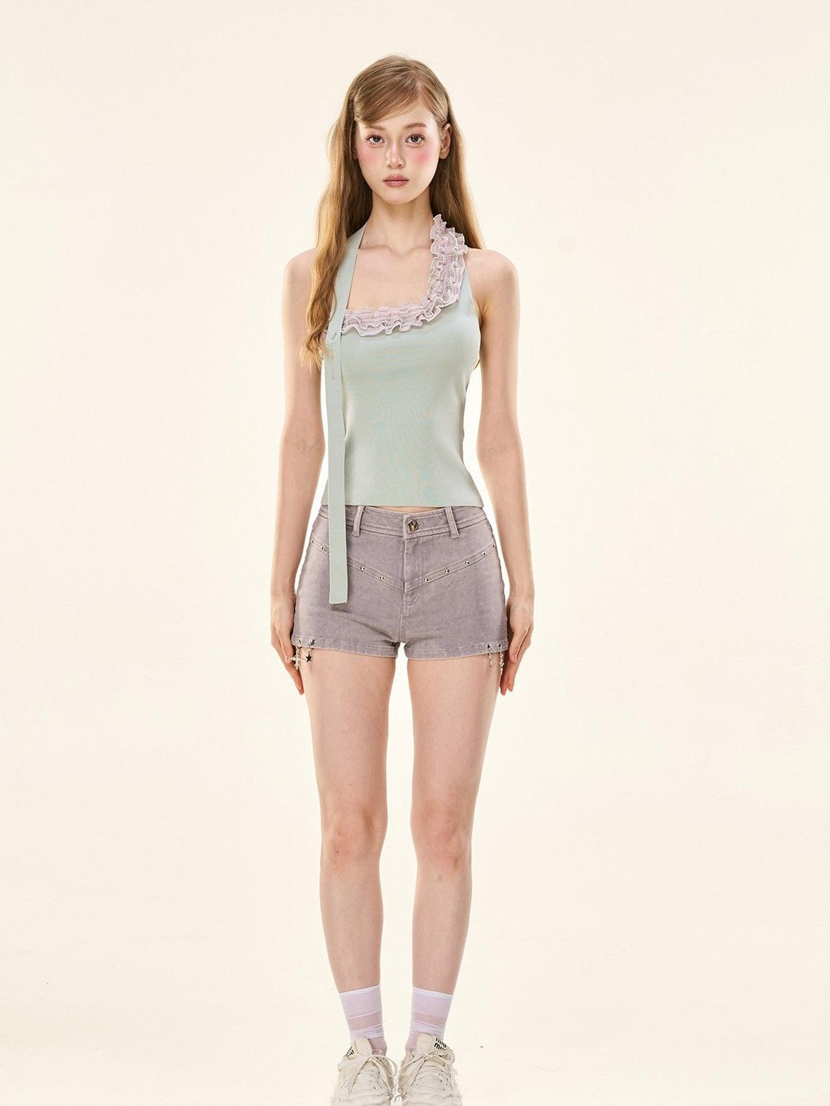 Girly Fancy Club Melon Green Wood Ear Ruffle Ribbon Tie Women's Knit Halter Tops