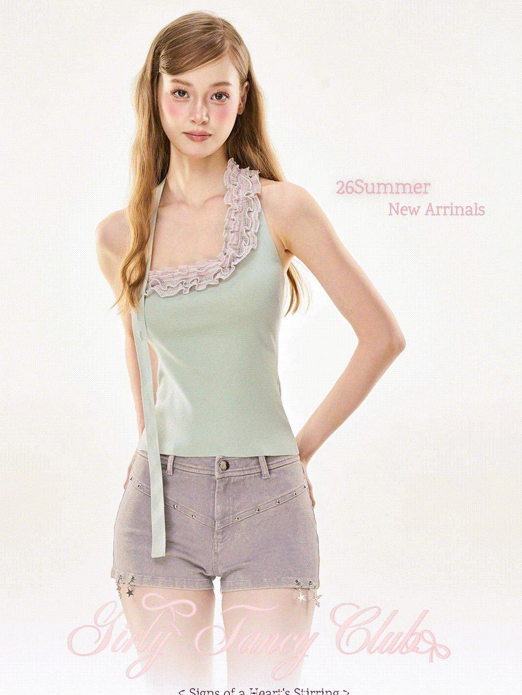 Girly Fancy Club Melon Green Wood Ear Ruffle Ribbon Tie Women's Knit Halter Tops
