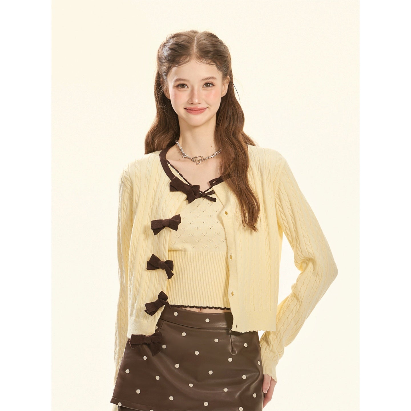 Girly_Fancy_Club_Milk_Yellow_Bow_Cable_Knit_Retro_Women's_Casual_Top_&_Shorts_Sets_998303141315_MISSTT