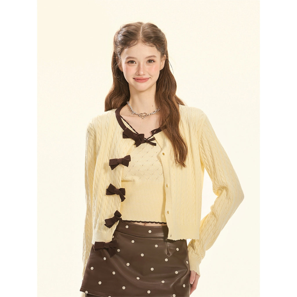 Girly_Fancy_Club_Milk_Yellow_Bow_Cable_Knit_Retro_Women's_Casual_Top_&_Shorts_Sets_998303141315_MISSTT