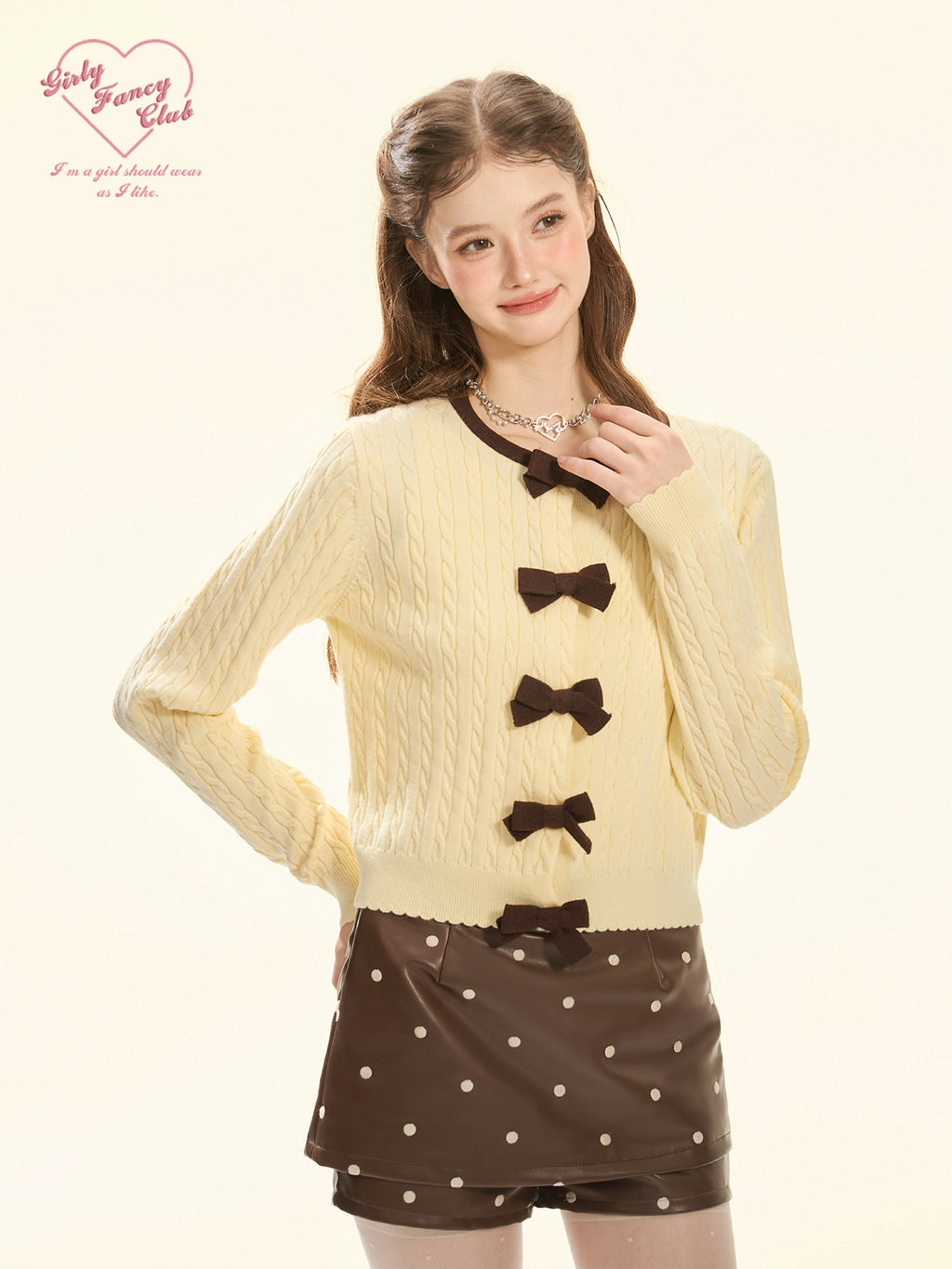 Girly Fancy Club Milk Yellow Bow Cable Knit Retro Women's Casual Top & Shorts Sets