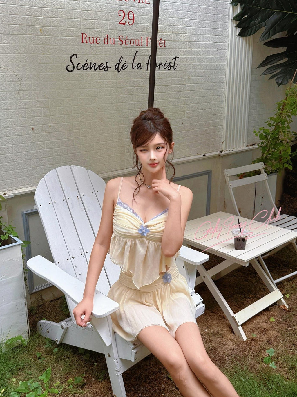 Girly Fancy Club Milk Yellow Chiffon Splice Colorblock Women's Polyester Matching Skirt Sets