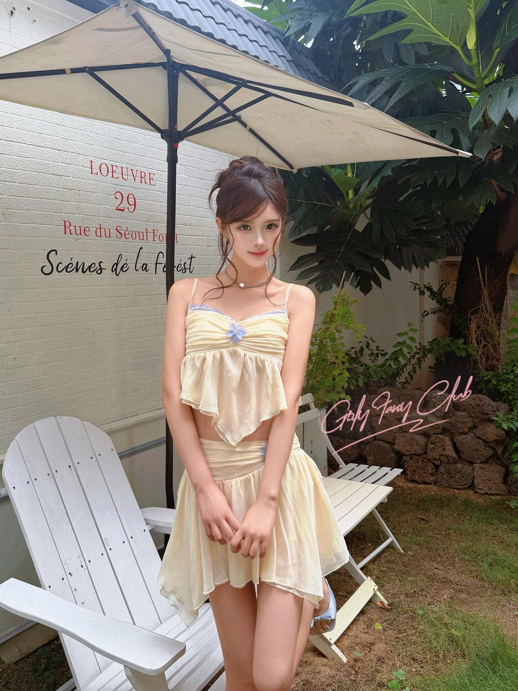 Girly Fancy Club Milk Yellow Chiffon Splice Colorblock Women's Polyester Matching Skirt Sets