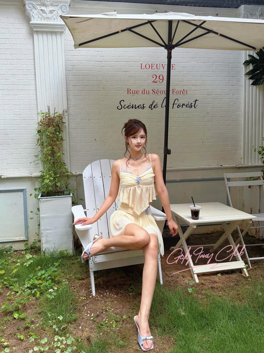 Girly Fancy Club Milk Yellow Chiffon Splice Colorblock Women's Polyester Matching Skirt Sets