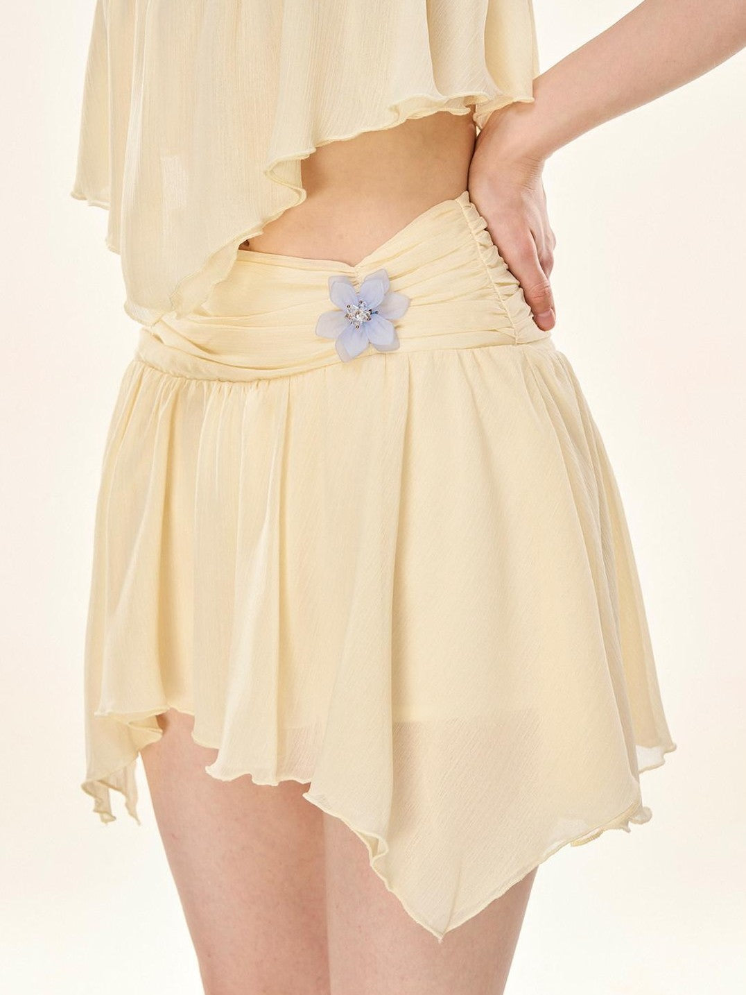 Girly Fancy Club Milk Yellow Chiffon Splice Colorblock Women's Polyester Matching Skirt Sets