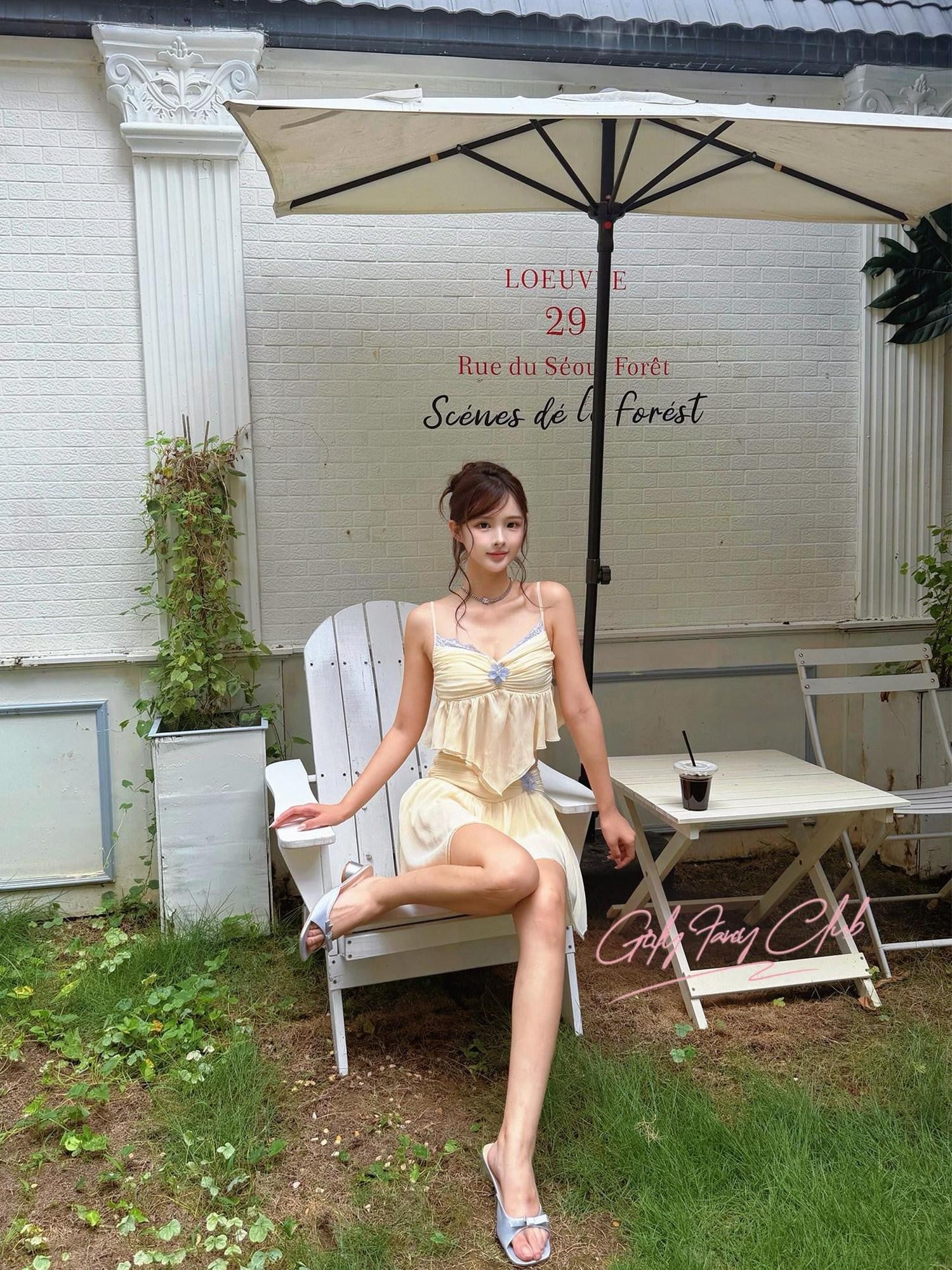 Girly Fancy Club Milk Yellow Chiffon Splice Colorblock Women's Polyester Matching Skirt Sets