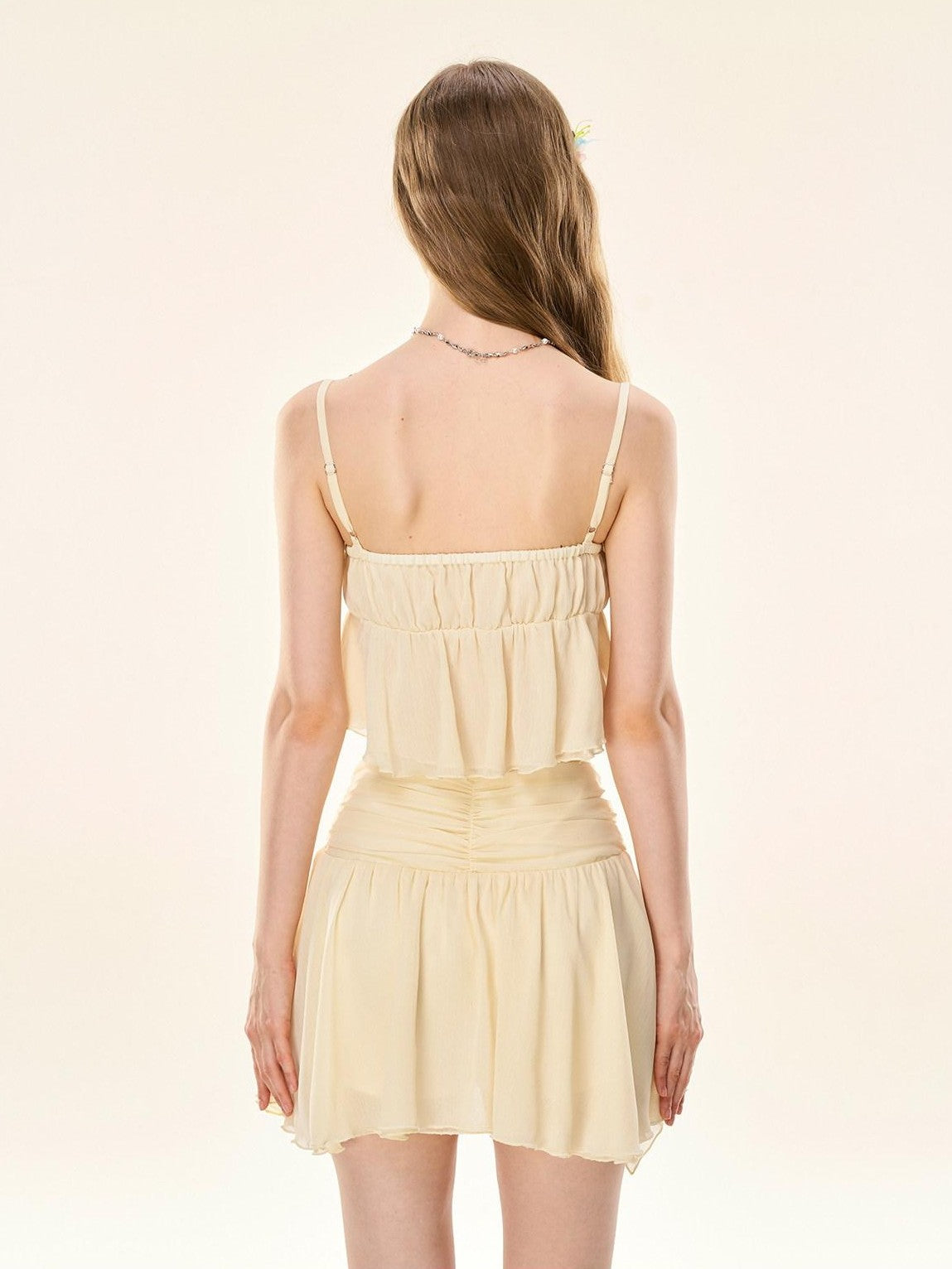 Girly Fancy Club Milk Yellow Chiffon Splice Colorblock Women's Polyester Matching Skirt Sets