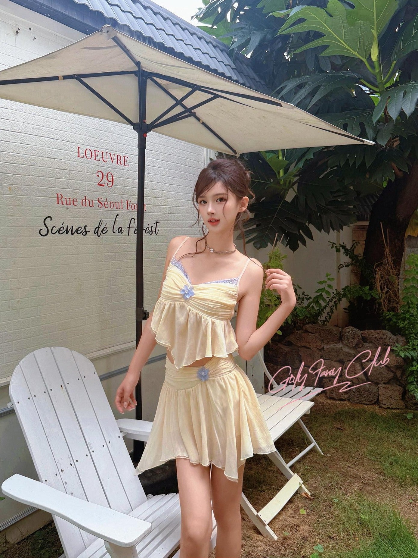 Girly Fancy Club Milk Yellow Chiffon Splice Colorblock Women's Polyester Matching Skirt Sets