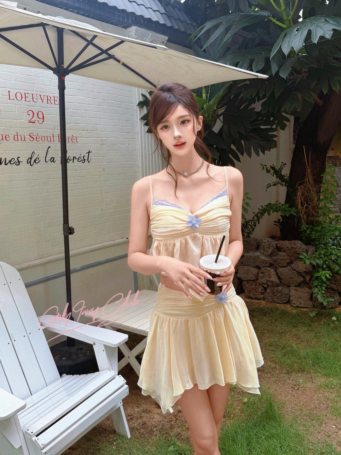 Girly Fancy Club Milk Yellow Chiffon Splice Colorblock Women's Polyester Matching Skirt Sets