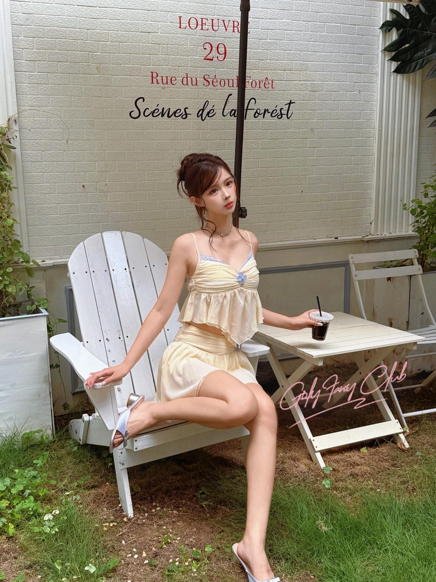 Girly Fancy Club Milk Yellow Chiffon Splice Colorblock Women's Polyester Matching Skirt Sets
