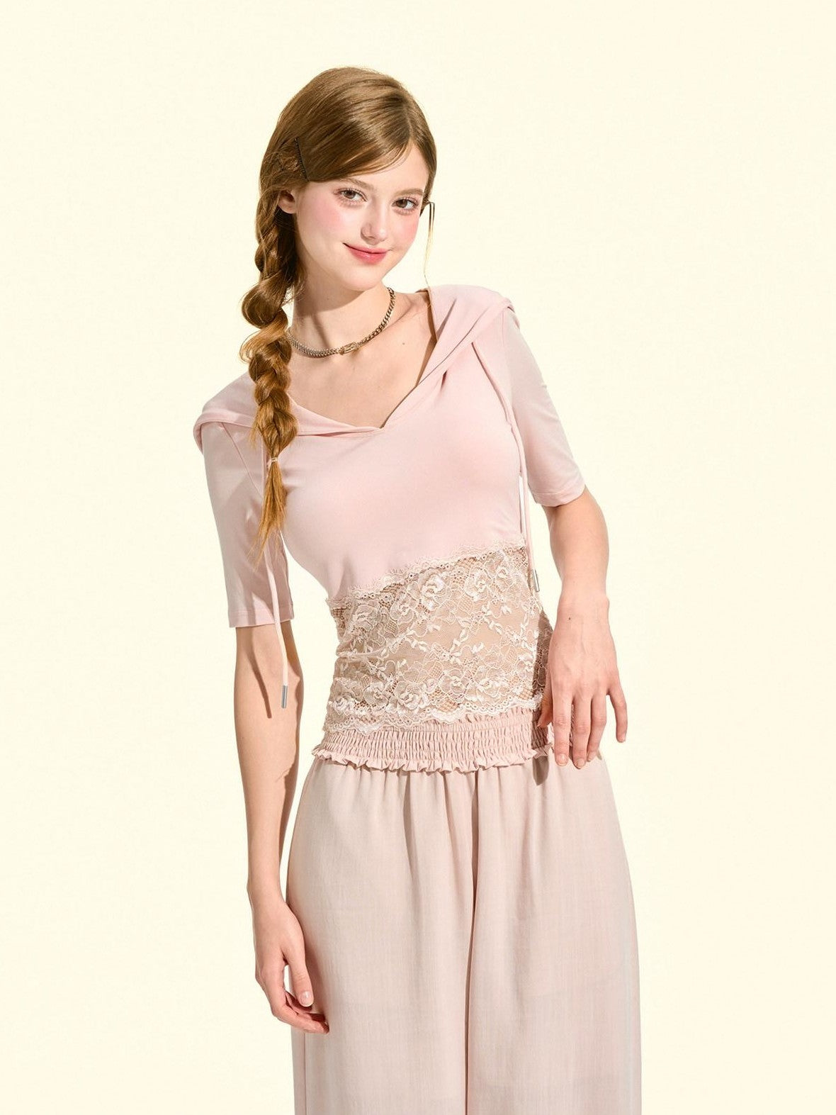 Girly Fancy Club Milkshake Pink Lace Cutout Splice Hooded Women's Lyocell Short Sleeve T-shirts