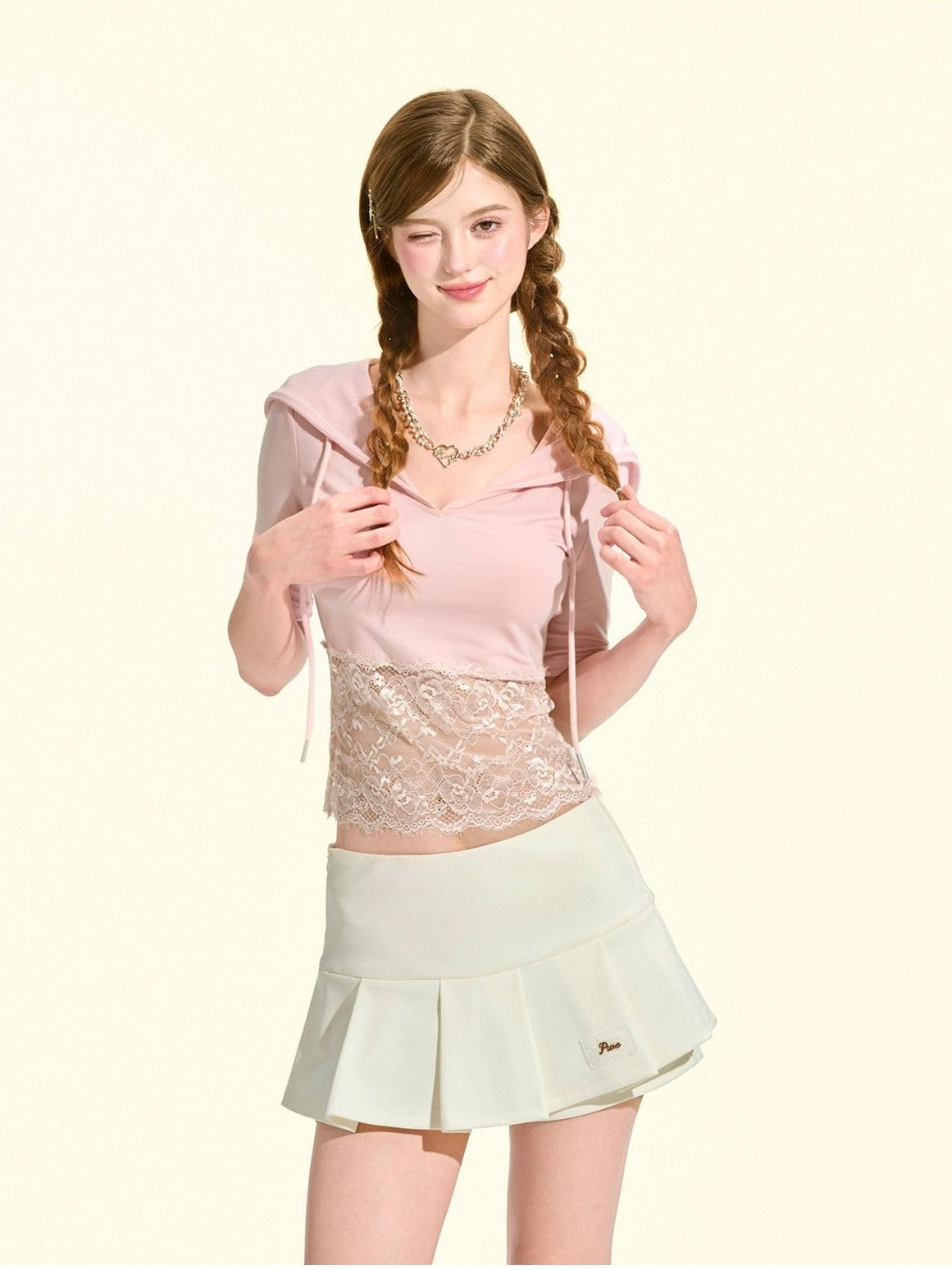 Girly Fancy Club Milkshake Pink Lace Cutout Splice Hooded Women's Lyocell Short Sleeve T-shirts