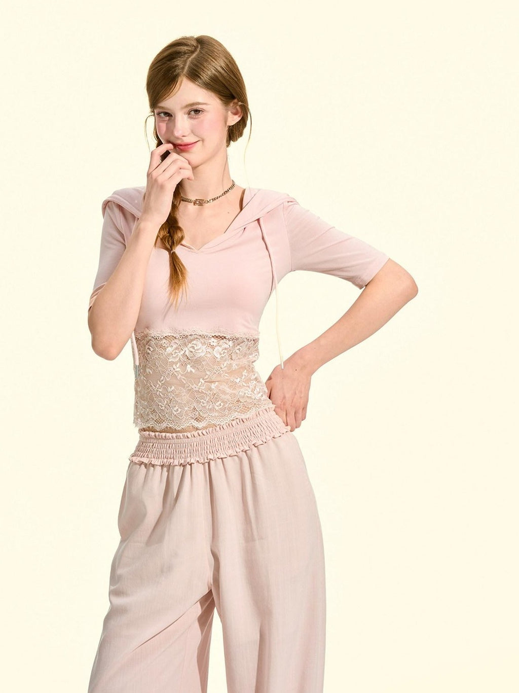 Girly Fancy Club Milkshake Pink Lace Cutout Splice Hooded Women's Lyocell Short Sleeve T-shirts