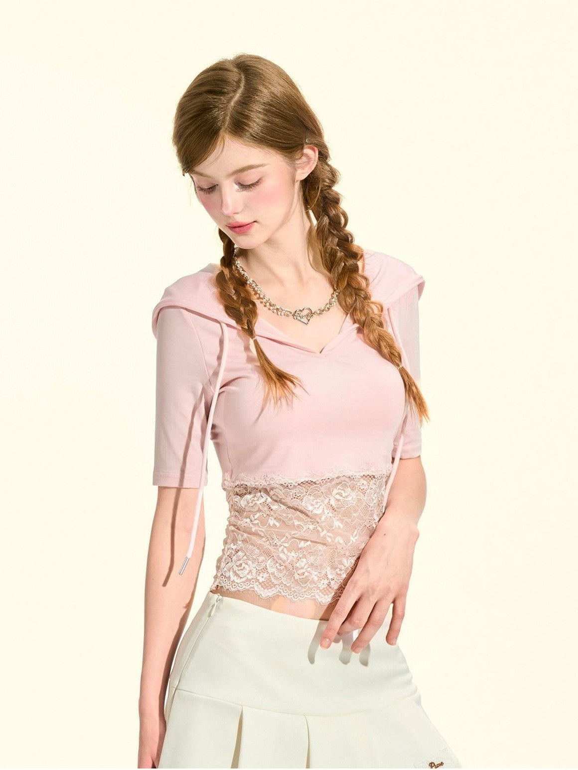 Girly Fancy Club Milkshake Pink Lace Cutout Splice Hooded Women's Lyocell Short Sleeve T-shirts