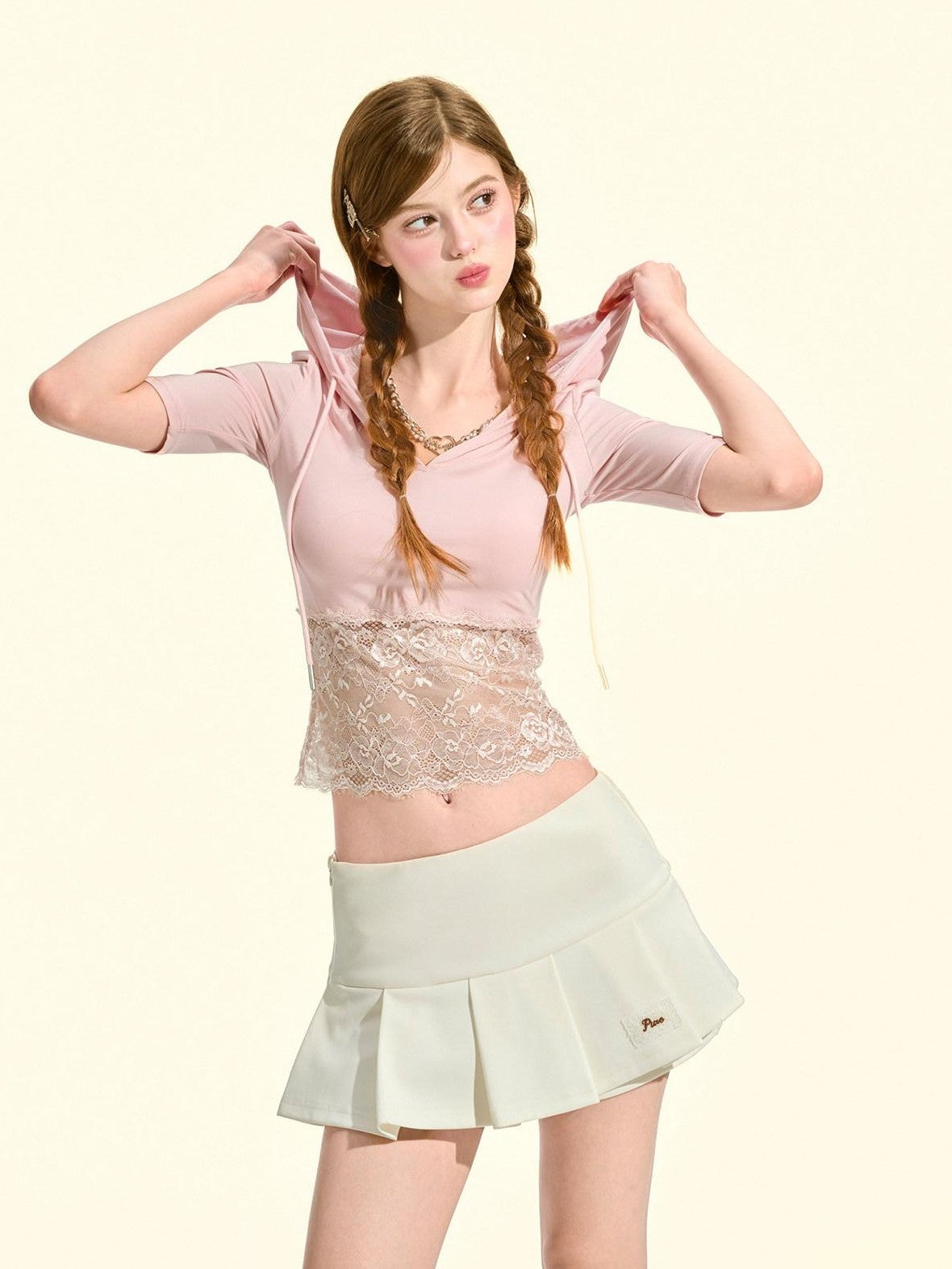 Girly Fancy Club Milkshake Pink Lace Cutout Splice Hooded Women's Lyocell Short Sleeve T-shirts