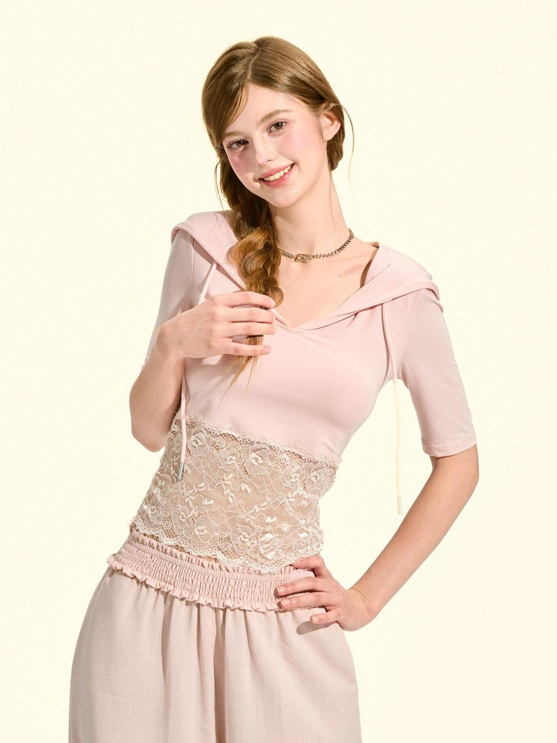 Girly Fancy Club Milkshake Pink Lace Cutout Splice Hooded Women's Lyocell Short Sleeve T-shirts