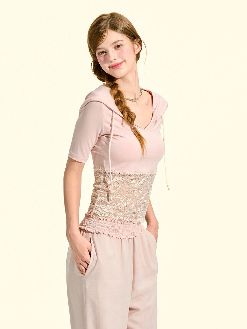 Girly Fancy Club Milkshake Pink Lace Cutout Splice Hooded Women's Lyocell Short Sleeve T-shirts