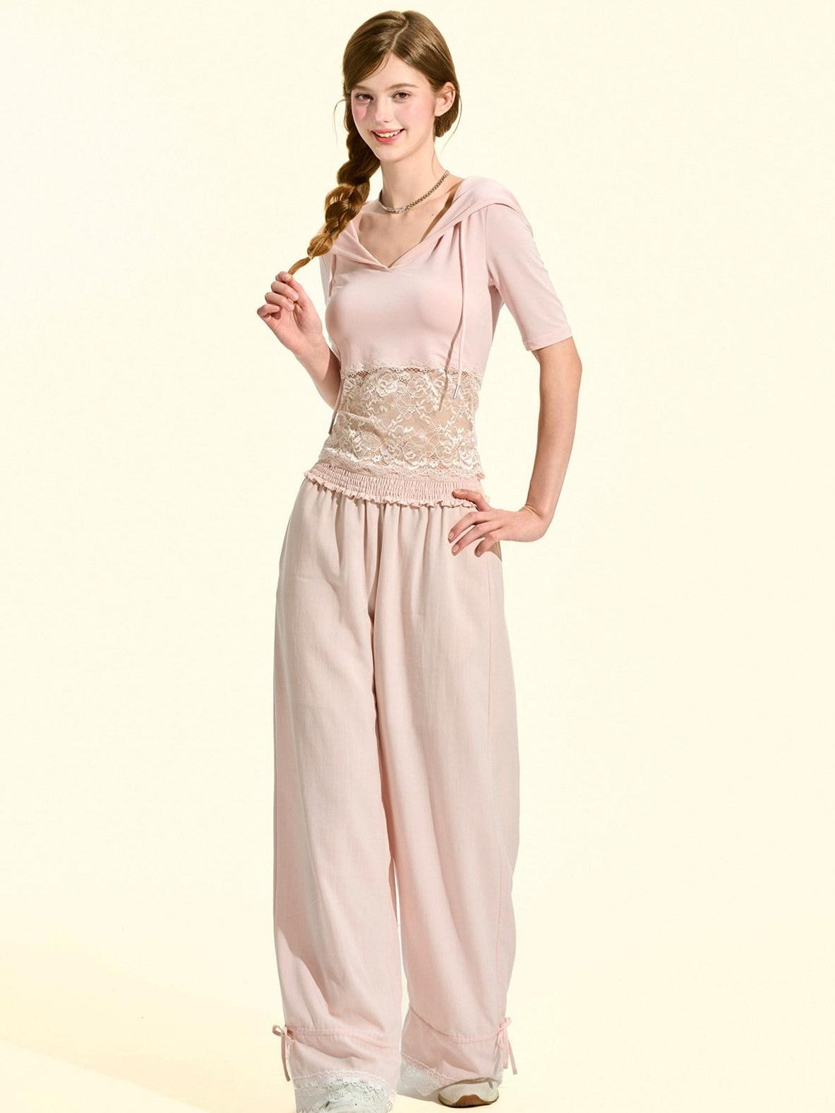 Girly Fancy Club Milkshake Pink Lace Cutout Splice Hooded Women's Lyocell Short Sleeve T-shirts