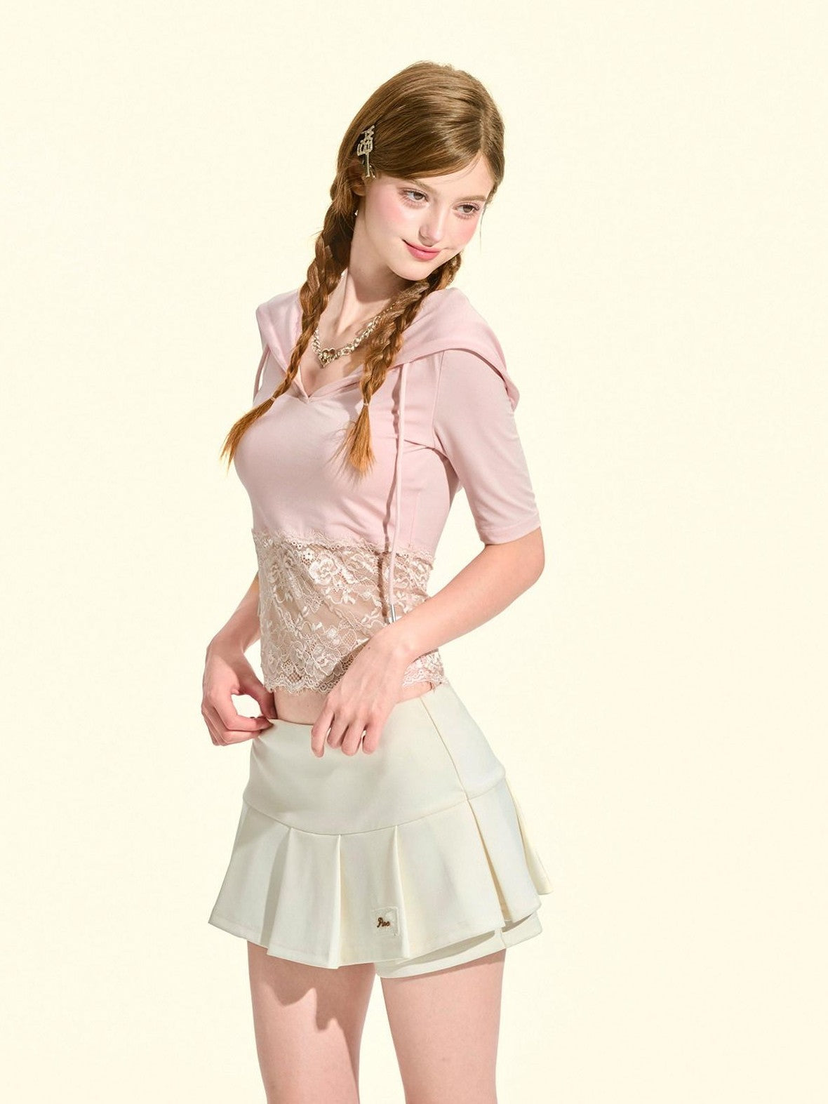 Girly Fancy Club Milkshake Pink Lace Cutout Splice Hooded Women's Lyocell Short Sleeve T-shirts