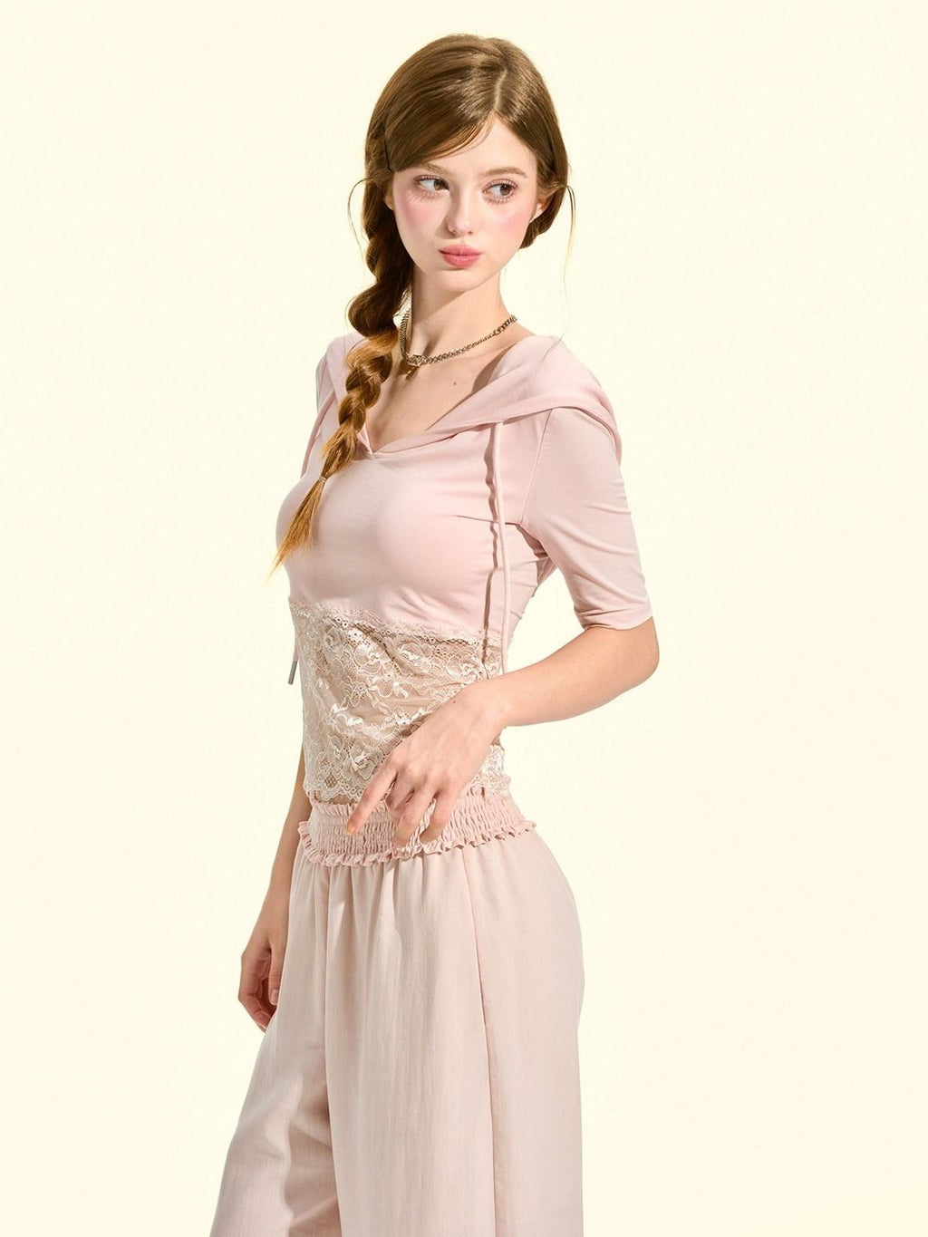 Girly Fancy Club Milkshake Pink Lace Cutout Splice Hooded Women's Lyocell Short Sleeve T-shirts