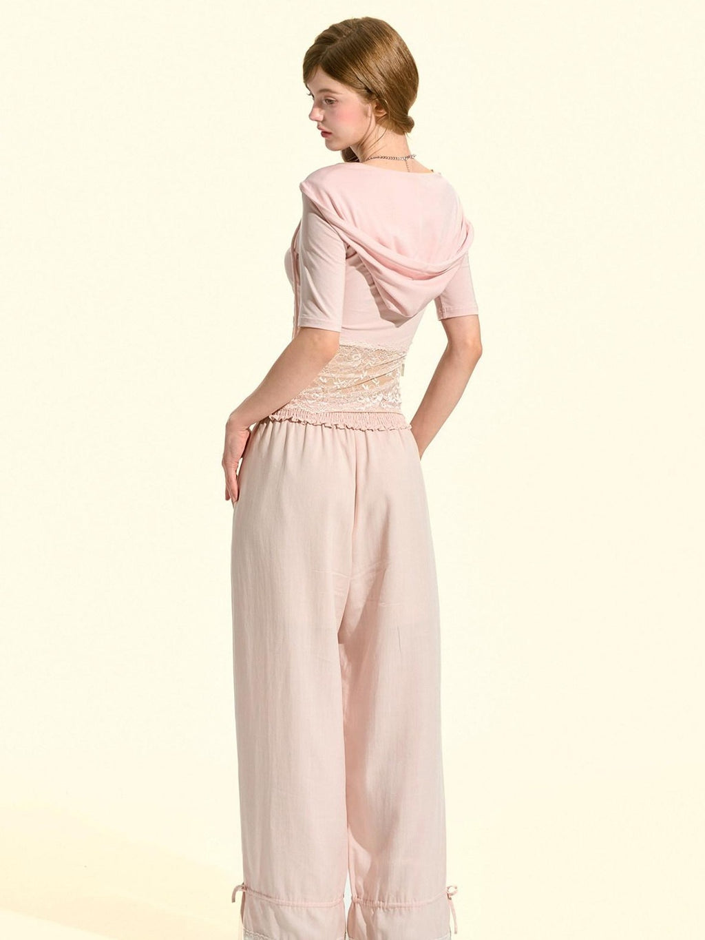 Girly Fancy Club Milkshake Pink Lace Cutout Splice Hooded Women's Lyocell Short Sleeve T-shirts