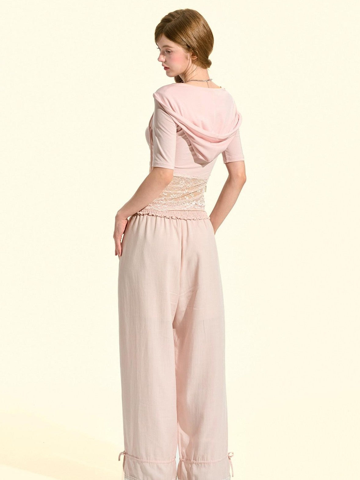 Girly Fancy Club Milkshake Pink Lace Cutout Splice Hooded Women's Lyocell Short Sleeve T-shirts