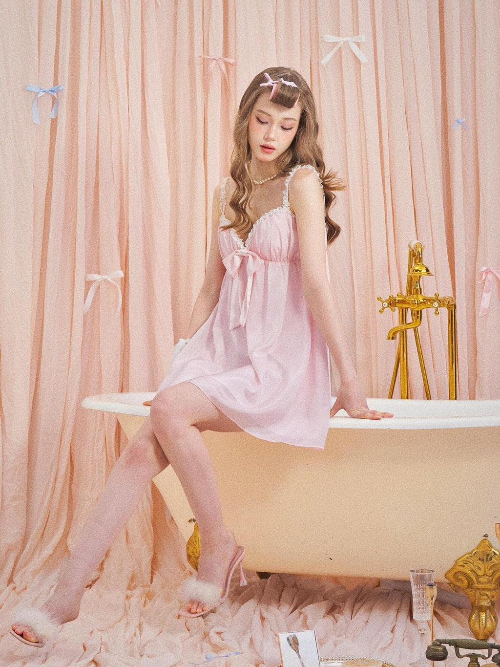 Girly Fancy Club Misty Pink Spaghetti Strap Bow Padded Bust Women's Casual Mini Dresses