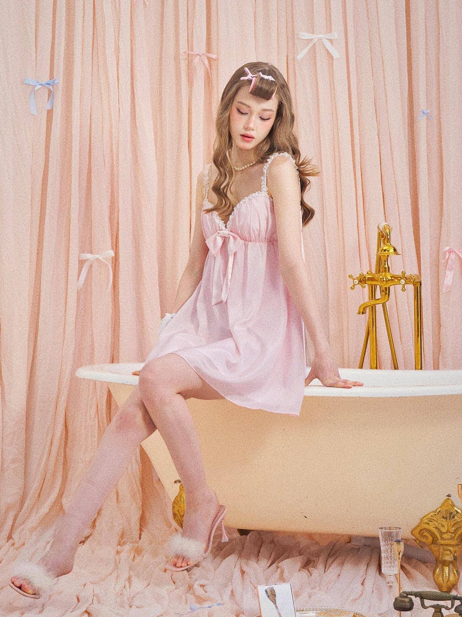 Girly Fancy Club Misty Pink Spaghetti Strap Bow Padded Bust Women's Casual Mini Dresses