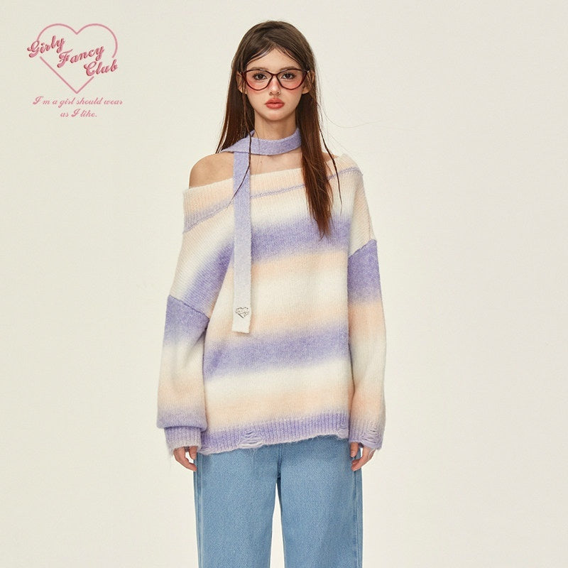 Girly_Fancy_Club_Monet_Purple_Rainbow_Slanted_One_Shoulder_Women's_Acrylic_Off-shoulder_Sweaters_843880841430_MISSTT