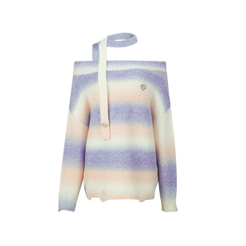 Girly_Fancy_Club_Monet_Purple_Rainbow_Slanted_One_Shoulder_Women's_Acrylic_Off-shoulder_Sweaters_843880841430_MISSTT