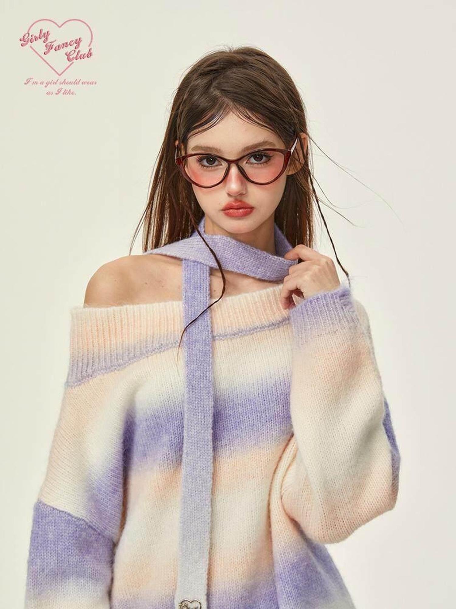 Girly Fancy Club Monet Purple Rainbow Slanted One Shoulder Women's Acrylic Off-shoulder Sweaters