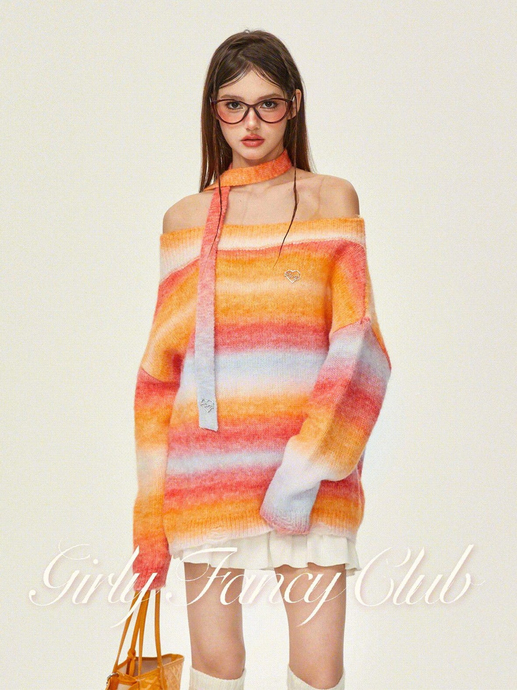 Girly Fancy Club Monet Purple Rainbow Slanted One Shoulder Women's Acrylic Off-shoulder Sweaters