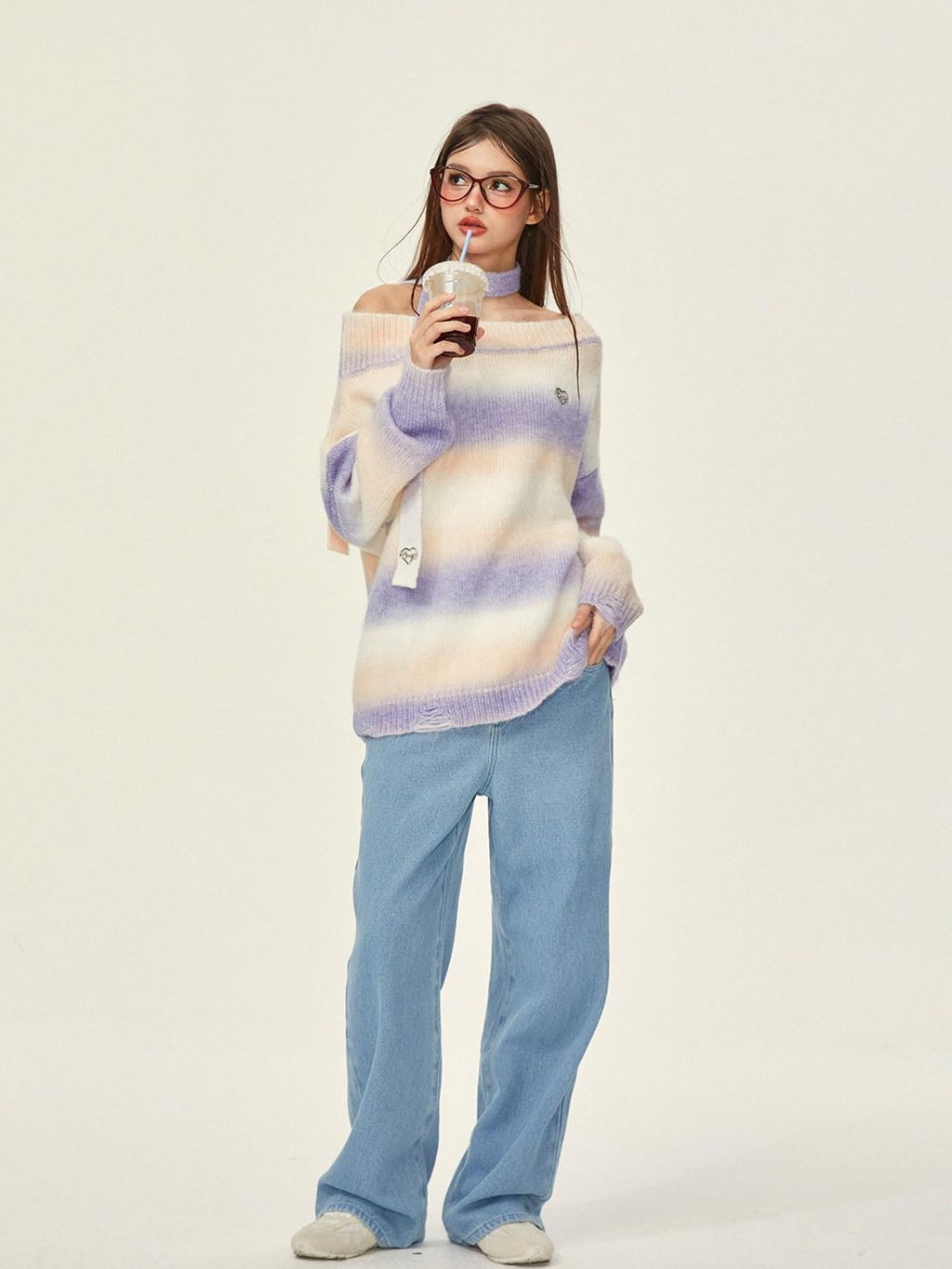 Girly Fancy Club Monet Purple Rainbow Slanted One Shoulder Women's Acrylic Off-shoulder Sweaters