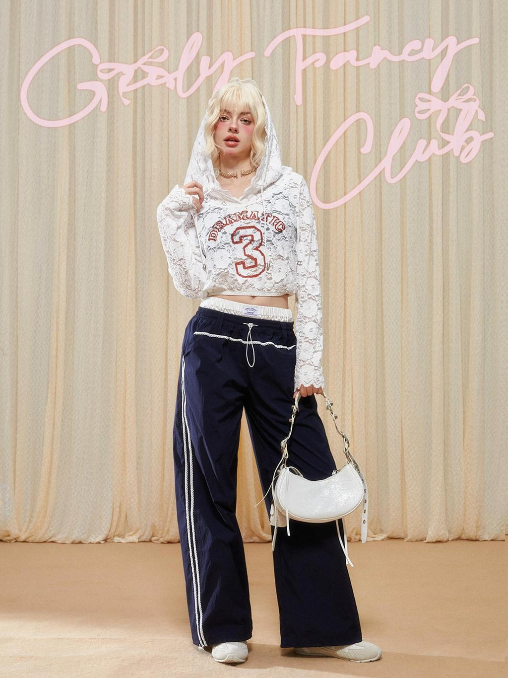 Girly Fancy Club Navy Colorblock Double Waist Drawstring Asymmetrical Women's Wide-leg Pants