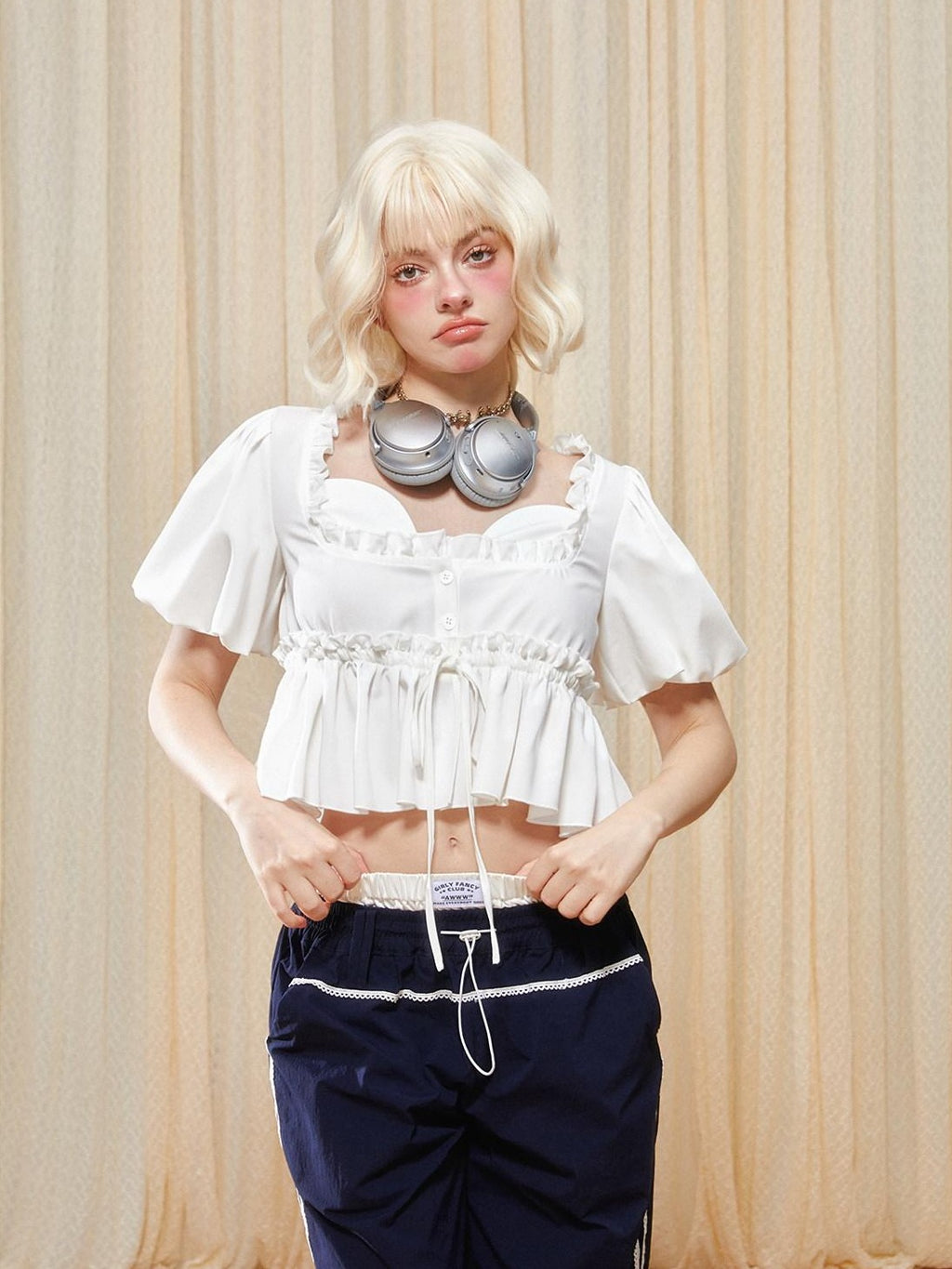 Girly Fancy Club Navy Colorblock Double Waist Drawstring Asymmetrical Women's Wide-leg Pants