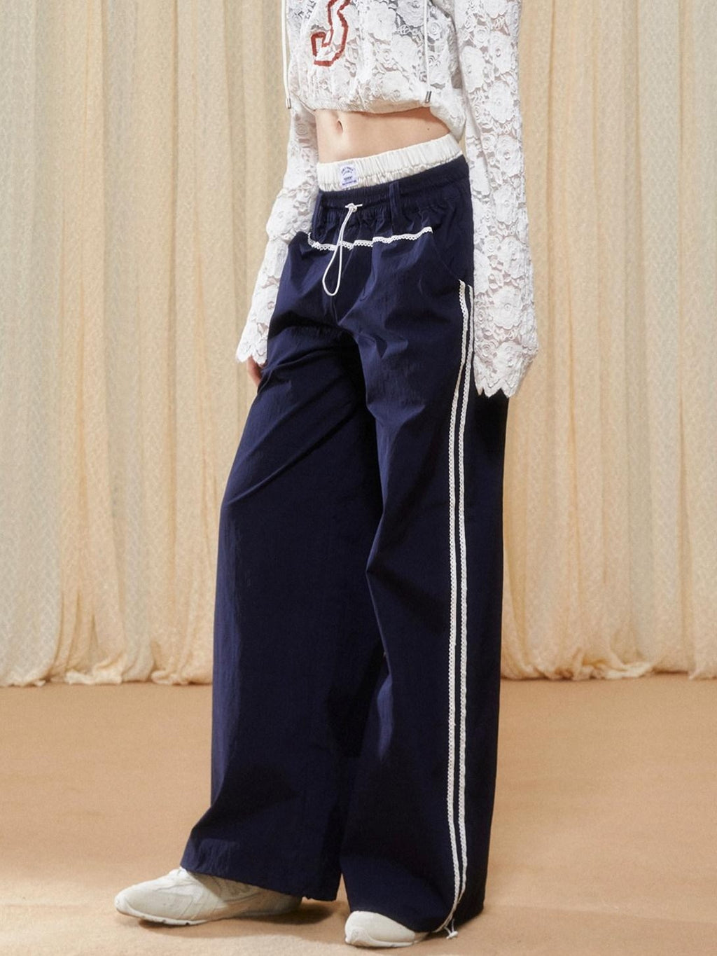 Girly Fancy Club Navy Colorblock Double Waist Drawstring Asymmetrical Women's Wide-leg Pants