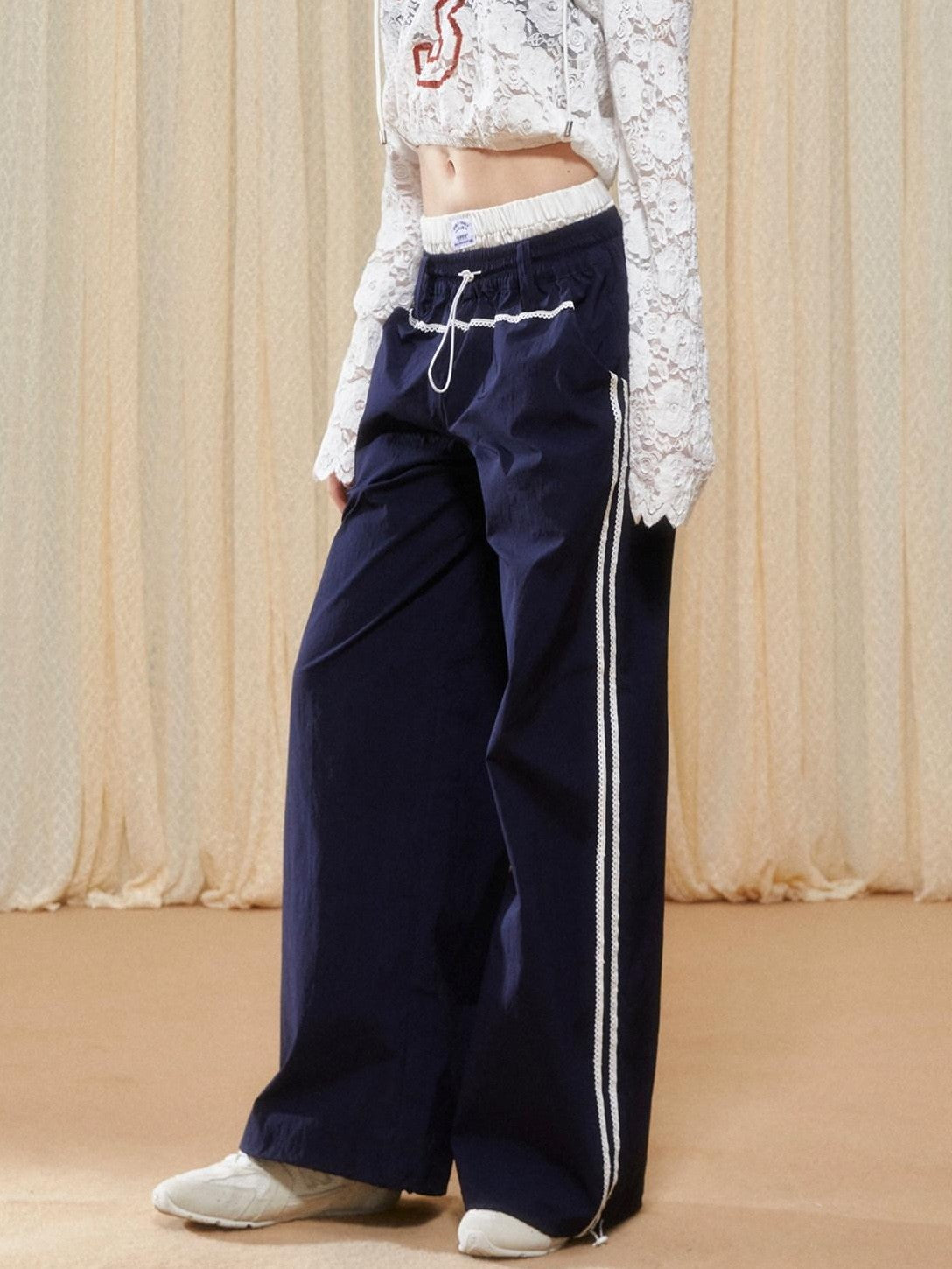Girly Fancy Club Navy Colorblock Double Waist Drawstring Asymmetrical Women's Wide-leg Pants